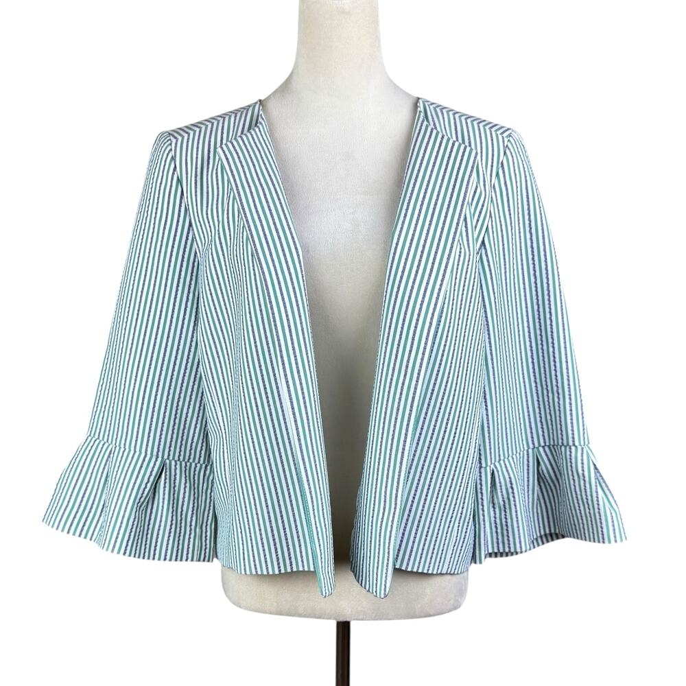 Anne Klein Green & Navy Stripe Seersucker Open Front Ruffle Cuff Career Jacket